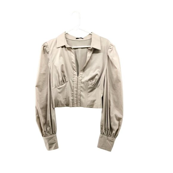 Le Blog Womens Collared Corset Shirt Blouse Long Sleeve Nude Beige Sz S Cropped - Picture 1 of 12